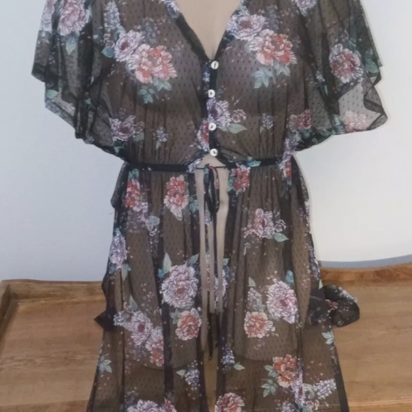 Haute Project Los Angeles Floral Kimono Duster Size L Tunic Cover Up T6256-V137 - Picture 2 of 8